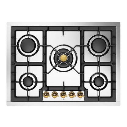 ILVE Nostalgie II 30-Inch Gas Cooktop with 5 Sealed Burners, Stainless Steel with Brass Trim, Liquid Propane, UHCPT75NSSGLP