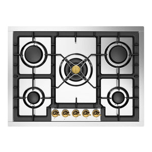 ILVE Nostalgie II 30-Inch Gas Cooktop with 5 Sealed Burners, Stainless Steel with Brass Trim, Natural Gas, UHCPT75NSSG