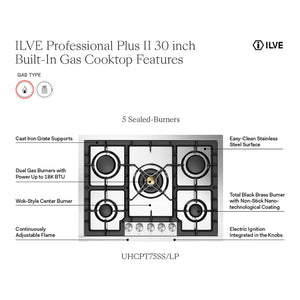 ILVE Professional Plus II 30-Inch Gas Cooktop with 5 Sealed Burners, Stainless Steel, Liquid Propane, UHCPT75SSLP