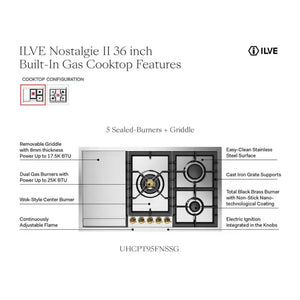 ILVE Nostalgie II 36-Inch Gas Cooktop with 5 Sealed Burners + Griddle, Stainless Steel with Chrome Trim, Natural Gas, UHCPT95FNSSC