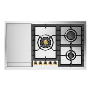 ILVE Nostalgie II 36-Inch Gas Cooktop with 5 Sealed Burners + Griddle, Stainless Steel with Brass Trim, Liquid Propane, UHCPT95FNSSGLP