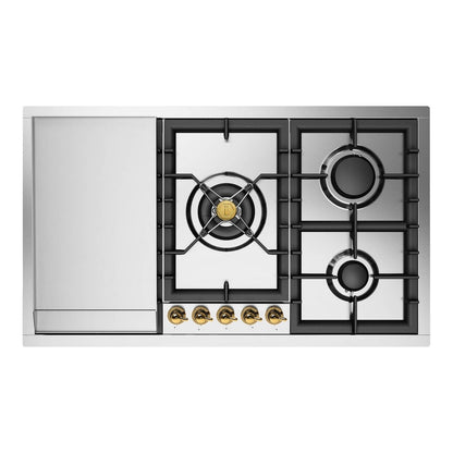 ILVE Nostalgie II 36-Inch Gas Cooktop with 5 Sealed Burners + Griddle, Stainless Steel with Brass Trim, Liquid Propane, UHCPT95FNSSGLP