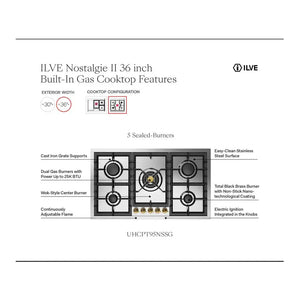 ILVE Nostalgie II 36-Inch Gas Cooktop with 5 Sealed Burners, Stainless Steel with Chrome Trim, Natural Gas, UHCPT95NSSC