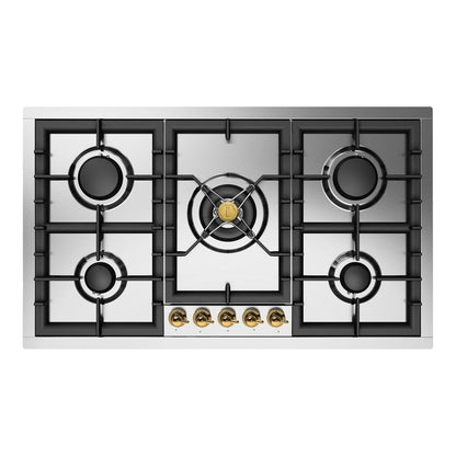 ILVE Nostalgie II 36-Inch Gas Cooktop with 5 Sealed Burners, Stainless Steel with Brass Trim, Liquid Propane, UHCPT95NSSGLP