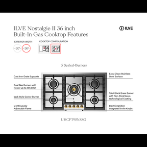 ILVE Nostalgie II 36-Inch Gas Cooktop with 5 Sealed Burners, Stainless Steel with Brass Trim, Natural Gas, UHCPT95NSSG