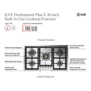 ILVE Professional Plus II 36-Inch Gas Cooktop with 5 Sealed Burners, Stainless Steel, Natural Gas, UHCPT95SS