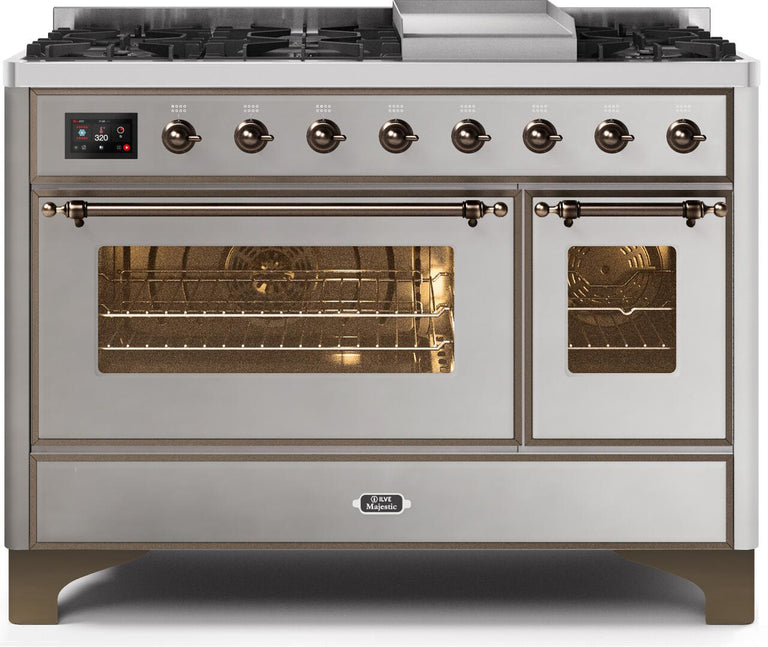 ILVE Majestic II 48" Dual Fuel Natural Gas Range in Stainless Steel with Bronze Trim, UM12FDNS3SSB