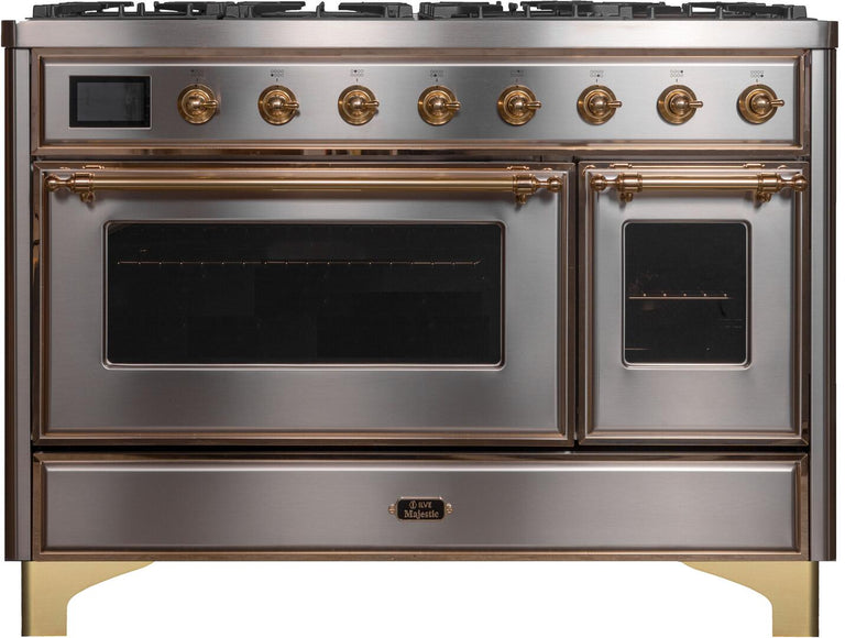 ILVE Majestic II 48" Dual Fuel Propane Gas Range in Stainless Steel with Brass Trim, UM12FDNS3SSGLP