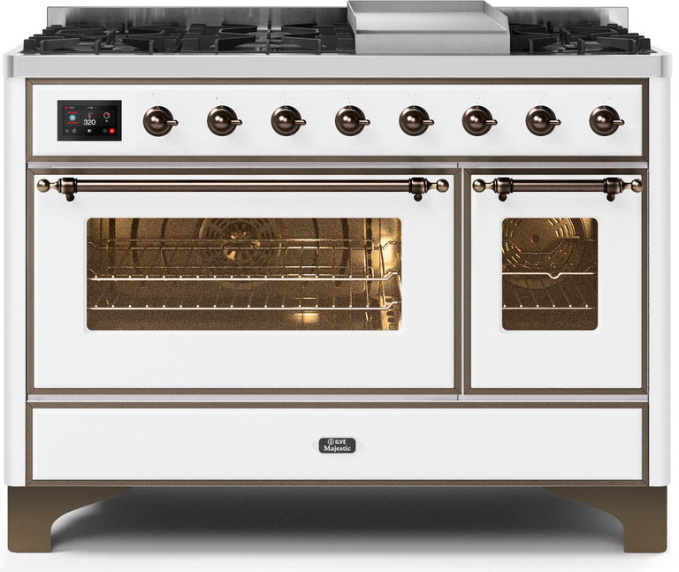 ILVE Majestic II 48" Dual Fuel Natural Gas Range in White with Bronze Trim, UM12FDNS3WHB