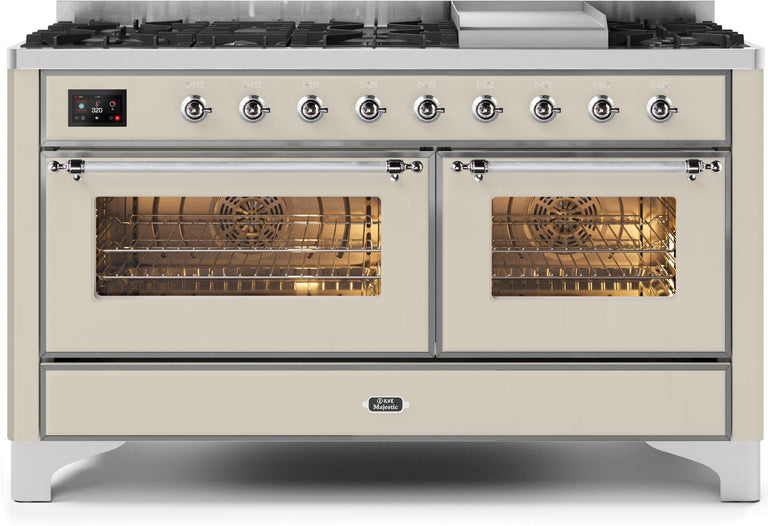 ILVE Majestic II 60" Dual Fuel Natural Gas Range in Antique White with Chrome Trim, UM15FDNS3AWC