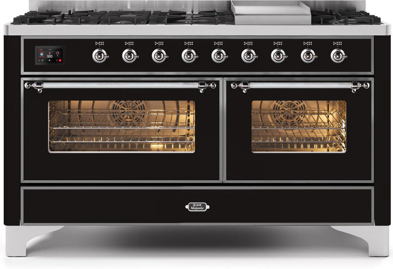 ILVE Majestic II 60" Dual Fuel Natural Gas Range in Glossy Black with Chrome Trim, UM15FDNS3BKC
