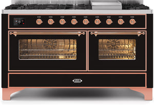 ILVE Majestic II 60" Dual Fuel Natural Gas Range in Glossy Black with Copper Trim, UM15FDNS3BKP