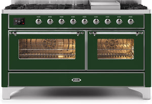 ILVE Majestic II 60" Dual Fuel Natural Gas Range in Emerald Green with Chrome Trim, UM15FDNS3EGC