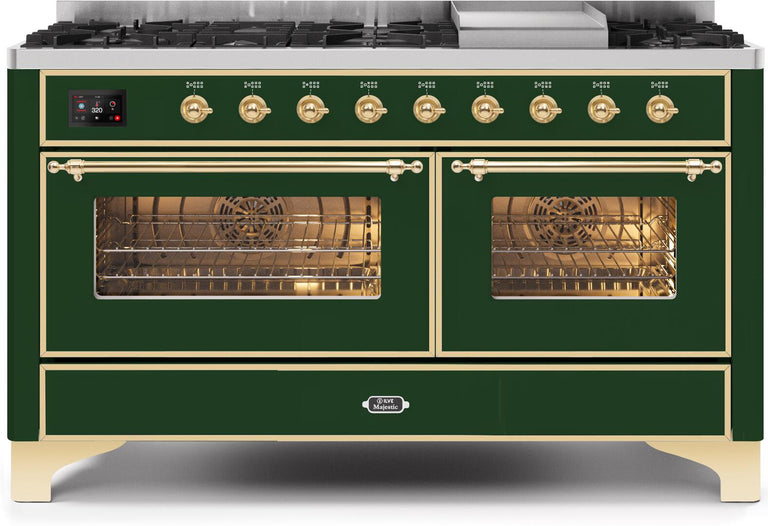 ILVE Majestic II 60" Dual Fuel Natural Gas Range in Emerald Green with Brass Trim, UM15FDNS3EGG