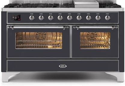 ILVE Majestic II 60" Dual Fuel Natural Gas Range in Matte Graphite with Chrome Trim, UM15FDNS3MGC