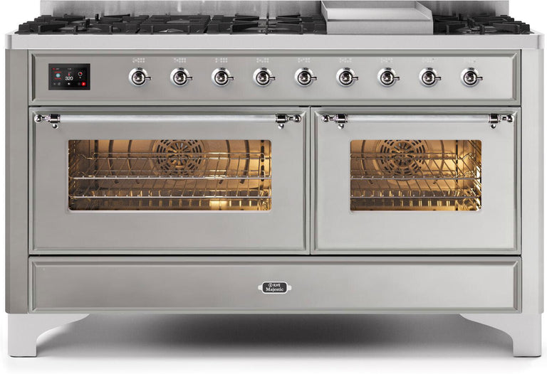 ILVE Majestic II 60" Dual Fuel Propane Gas Range in Stainless Steel with Chrome Trim, UM15FDNS3SSCLP