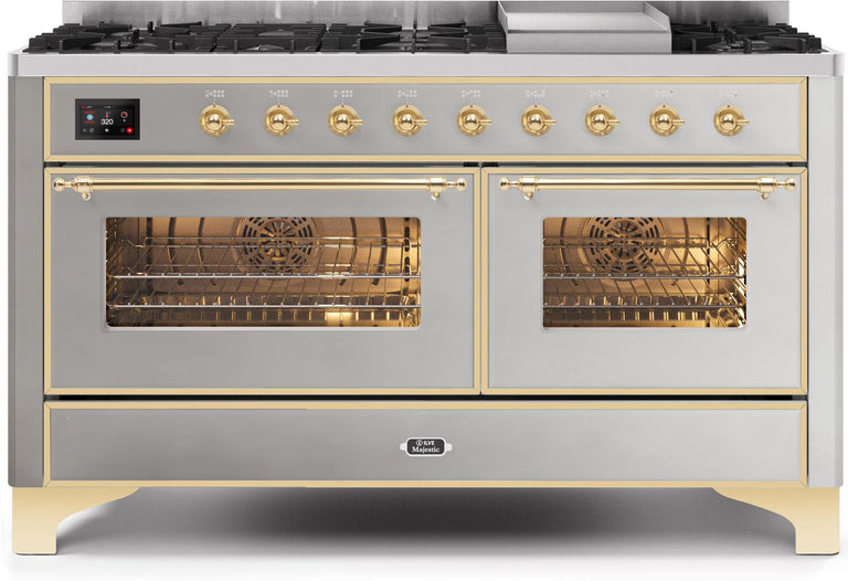 ILVE Majestic II 60" Dual Fuel Propane Gas Range in Stainless Steel with Brass Trim, UM15FDNS3SSGLP