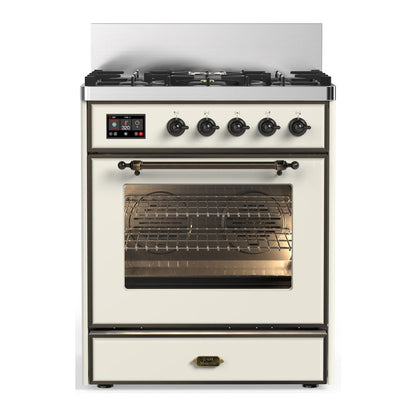 ILVE Majestic III 30-Inch Dual Fuel Range with 5 Sealed Burners, 4 cu. ft. Oven, Antique White with Burnished Trim, Liquid Propane, Triple Glass Door, UM30NR3AWBLP