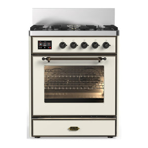 ILVE Majestic III 30-Inch Dual Fuel Range with 5 Sealed Burners, 4 cu. ft. Oven, Antique White with Burnished Trim, Natural Gas, Triple Glass Door, UM30NR3AWB