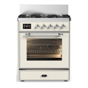 ILVE Majestic III 30-Inch Dual Fuel Range with 5 Sealed Burners, 4 cu. ft. Oven, Antique White with Chrome Trim, Natural Gas, Triple Glass Door, UM30NR3AWC