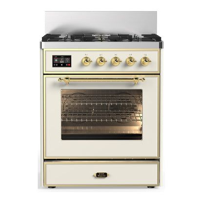 ILVE Majestic III 30-Inch Dual Fuel Range with 5 Sealed Burners, 4 cu. ft. Oven, Antique White with Brass Trim, Liquid Propane, Triple Glass Door, UM30NR3AWGLP