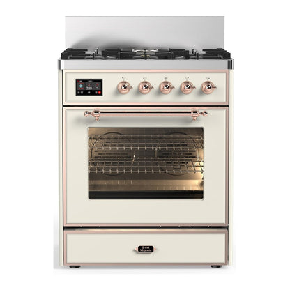 ILVE Majestic III 30-Inch Dual Fuel Range with 5 Sealed Burners, 4 cu. ft. Oven, Antique White with Copper Trim, Liquid Propane, Triple Glass Door, UM30NR3AWPLP