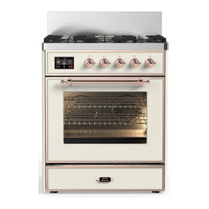 ILVE Majestic III 30-Inch Dual Fuel Range with 5 Sealed Burners, 4 cu. ft. Oven, Antique White with Copper Trim, Natural Gas, Triple Glass Door, UM30NR3AWP