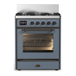 ILVE Majestic III 30-Inch Dual Fuel Range with 5 Sealed Burners, 4 cu. ft. Oven, Blue Grey with Burnished Trim, Liquid Propane, Triple Glass Door, UM30NR3BGBLP