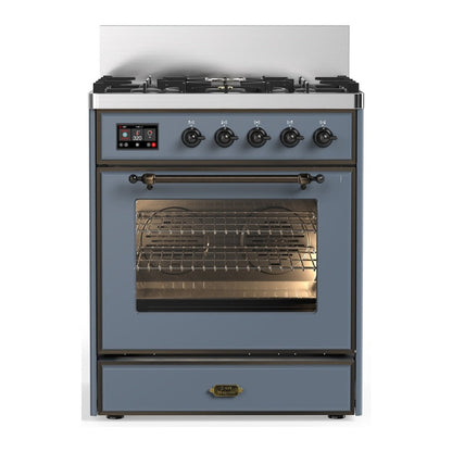 ILVE Majestic III 30-Inch Dual Fuel Range with 5 Sealed Burners, 4 cu. ft. Oven, Blue Grey with Burnished Trim, Natural Gas, Triple Glass Door, UM30NR3BGB
