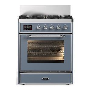 ILVE Majestic III 30-Inch Dual Fuel Range with 5 Sealed Burners, 4 cu. ft. Oven, Blue Grey with Chrome Trim, Liquid Propane, Triple Glass Door, UM30NR3BGCLP