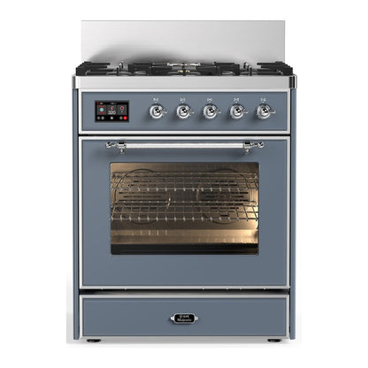 ILVE Majestic III 30-Inch Dual Fuel Range with 5 Sealed Burners, 4 cu. ft. Oven, Blue Grey with Chrome Trim, Natural Gas, Triple Glass Door, UM30NR3BGC