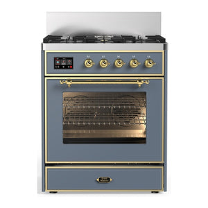 ILVE Majestic III 30-Inch Dual Fuel Range with 5 Sealed Burners, 4 cu. ft. Oven, Blue Grey with Brass Trim, Liquid Propane, Triple Glass Door, UM30NR3BGGLP