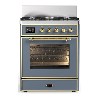 ILVE Majestic III 30-Inch Dual Fuel Range with 5 Sealed Burners, 4 cu. ft. Oven, Blue Grey with Brass Trim, Liquid Propane, Triple Glass Door, UM30NR3BGGLP
