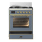 ILVE Majestic III 30-Inch Dual Fuel Range with 5 Sealed Burners, 4 cu. ft. Oven, Blue Grey with Brass Trim, Natural Gas, Triple Glass Door, UM30NR3BGG