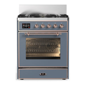 ILVE Majestic III 30-Inch Dual Fuel Range with 5 Sealed Burners, 4 cu. ft. Oven, Blue Grey with Copper Trim, Liquid Propane, Triple Glass Door, UM30NR3BGPLP
