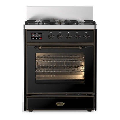 ILVE Majestic III 30-Inch Dual Fuel Range with 5 Sealed Burners, 4 cu. ft. Oven, Glossy Black with Burnished Trim, Liquid Propane, Triple Glass Door, UM30NR3BKBLP
