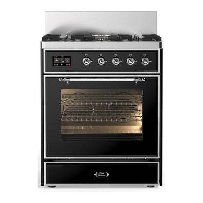 ILVE Majestic III 30-Inch Dual Fuel Range with 5 Sealed Burners, 4 cu. ft. Oven, Glossy Black with Chrome Trim, Liquid Propane, Triple Glass Door, UM30NR3BKCLP