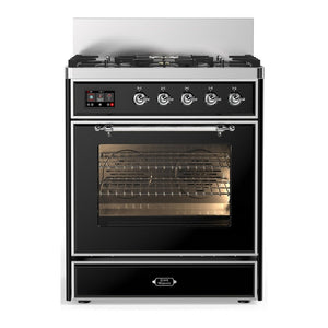 ILVE Majestic III 30-Inch Dual Fuel Range with 5 Sealed Burners, 4 cu. ft. Oven, Glossy Black with Chrome Trim, Natural Gas, Triple Glass Door, UM30NR3BKC