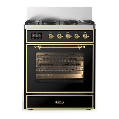 ILVE Majestic III 30-Inch Dual Fuel Range with 5 Sealed Burners, 4 cu. ft. Oven, Glossy Black with Brass Trim, Natural Gas, Triple Glass Door, UM30NR3BKG