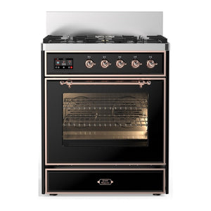 ILVE Majestic III 30-Inch Dual Fuel Range with 5 Sealed Burners, 4 cu. ft. Oven, Glossy Black with Copper Trim, Natural Gas, Triple Glass Door, UM30NR3BKP