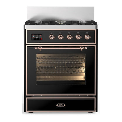 ILVE Majestic III 30-Inch Dual Fuel Range with 5 Sealed Burners, 4 cu. ft. Oven, Glossy Black with Copper Trim, Natural Gas, Triple Glass Door, UM30NR3BKP