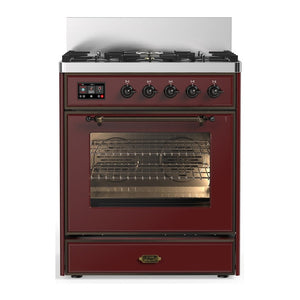 ILVE Majestic III 30-Inch Dual Fuel Range with 5 Sealed Burners, 4 cu. ft. Oven, Burgundy with Burnished Trim, Liquid Propane, Triple Glass Door, UM30NR3BUBLP