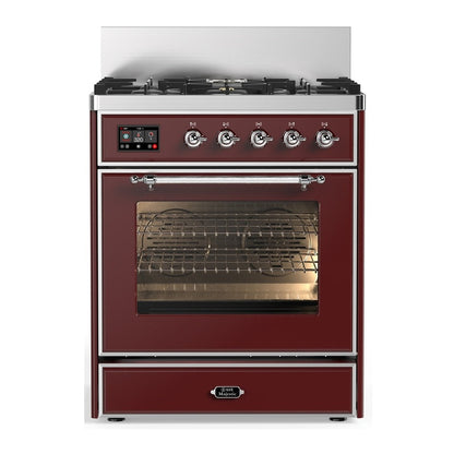 ILVE Majestic III 30-Inch Dual Fuel Range with 5 Sealed Burners, 4 cu. ft. Oven, Burgundy with Chrome Trim, Liquid Propane, Triple Glass Door, UM30NR3BUCLP