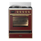 ILVE Majestic III 30-Inch Dual Fuel Range with 5 Sealed Burners, 4 cu. ft. Oven, Burgundy with Brass Trim, Liquid Propane, Triple Glass Door, UM30NR3BUGLP