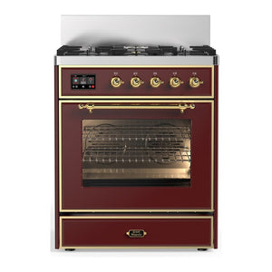ILVE Majestic III 30-Inch Dual Fuel Range with 5 Sealed Burners, 4 cu. ft. Oven, Burgundy with Brass Trim, Natural Gas, Triple Glass Door, UM30NR3BUG