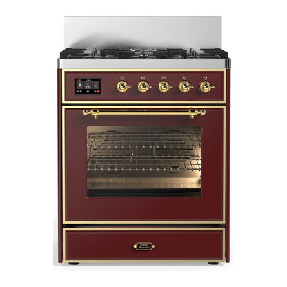 ILVE Majestic III 30-Inch Dual Fuel Range with 5 Sealed Burners, 4 cu. ft. Oven, Burgundy with Brass Trim, Natural Gas, Triple Glass Door, UM30NR3BUG