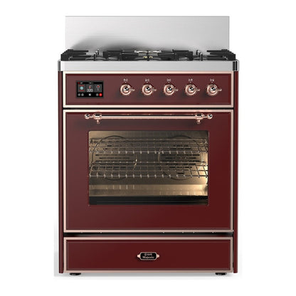 ILVE Majestic III 30-Inch Dual Fuel Range with 5 Sealed Burners, 4 cu. ft. Oven, Burgundy with Copper Trim, Natural Gas, Triple Glass Door, UM30NR3BUP