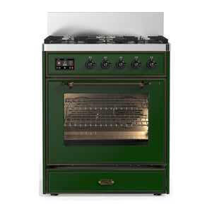 ILVE Majestic III 30-Inch Dual Fuel Range with 5 Sealed Burners, 4 cu. ft. Oven, Emerald Green with Burnished Trim, Liquid Propane, Triple Glass Door, UM30NR3EGBLP