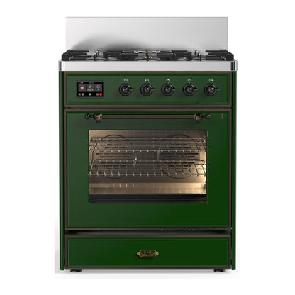 ILVE Majestic III 30-Inch Dual Fuel Range with 5 Sealed Burners, 4 cu. ft. Oven, Emerald Green with Burnished Trim, Natural Gas, Triple Glass Door, UM30NR3EGB