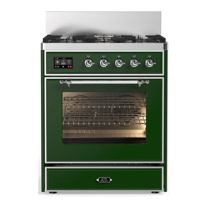 ILVE Majestic III 30-Inch Dual Fuel Range with 5 Sealed Burners, 4 cu. ft. Oven, Emerald Green with Chrome Trim, Liquid Propane, Triple Glass Door, UM30NR3EGCLP